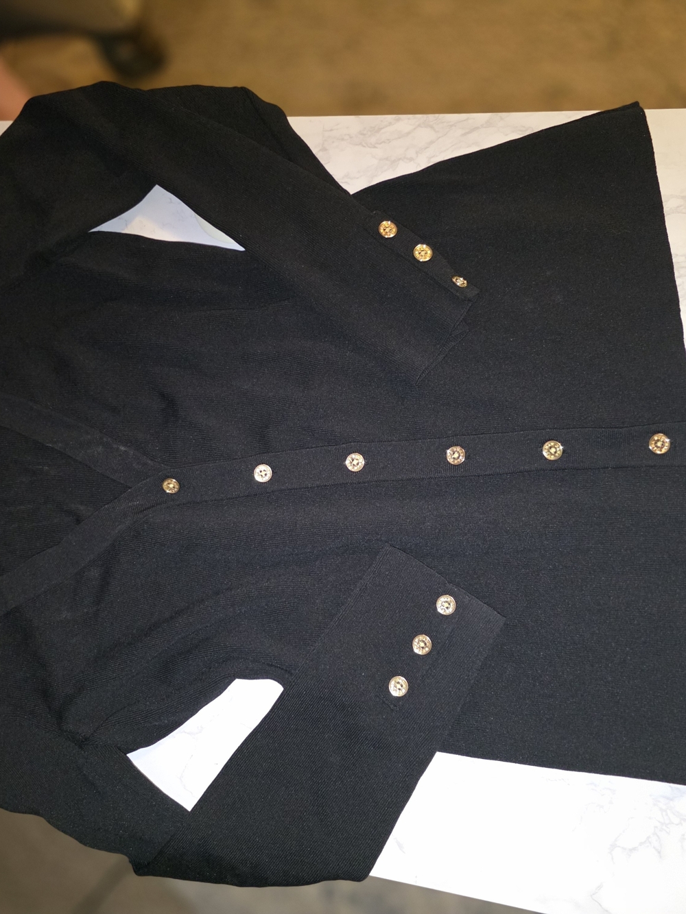 Dana Buchman Signature black V-neck cardigan, size Small, with gold-tone buttons